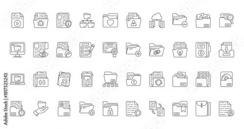 40 set of outline web files and folders icons such as infected folder, cv, binder, add folder, folder, error, vector thin icons for report, presentation, diagram, web design, mobile app