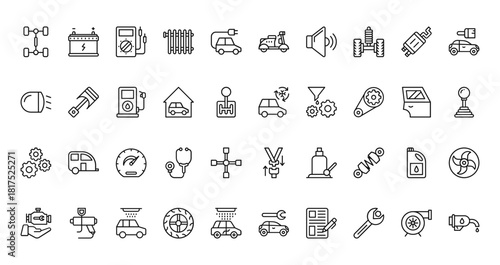 40 set of outline web car service icons such as car battery, motorcycle, car light, service, gears, seat belt, engine vector thin icons for report, presentation, diagram, web design, mobile app