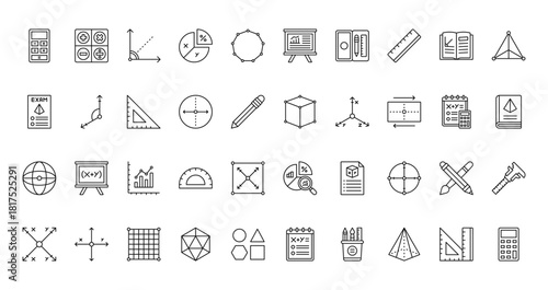 40 set of outline web geometry icons such as mathematics, statistics, exam, cube, sphere, analysis, intersect vector thin icons for report, presentation, diagram, web design, mobile app