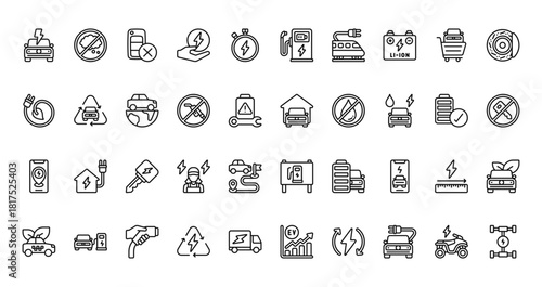 40 set of outline web electric vehicles icons such as no emission, charging station, eco electric, car, charging location, charging station, taxi cab vector thin icons for report, presentation,