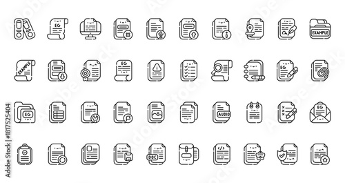 40 set of outline web documentation icons such as parchment, upload, parchment, document, folder, document, checking vector thin icons for report, presentation, diagram, web design, mobile app