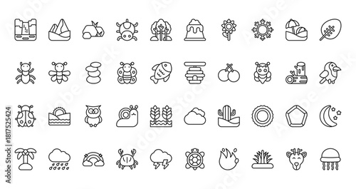 40 set of outline web nature icons such as desert, volcano, ant, beehive, ladybug, cloud, palm tree vector thin icons for report, presentation, diagram, web design, mobile app