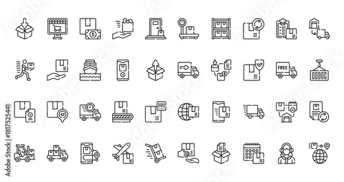 40 set of outline web delivery icons such as shopping online, weight scale, delivery man, delivery truck, document, worldwide shipping, forklift vector thin icons for report, presentation, diagram,