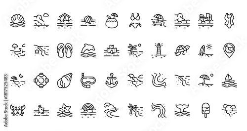 40 set of outline web coastline icons such as cliff, bikini, wave, beach, beach, coastline, crab vector thin icons for report, presentation, diagram, web design, mobile app