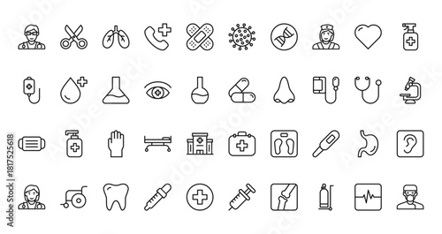 40 set of outline web hospital icons such as scissors, virus, infusion, pill, face mask, first aid, doctor vector thin icons for report, presentation, diagram, web design, mobile app