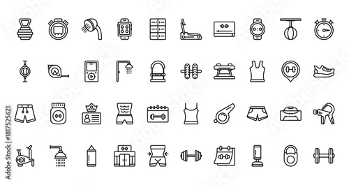 40 set of outline web gym icons such as stopwatch, treadmill hine, punching ball, roller, pants, tank top, stationary bicycle vector thin icons for report, presentation, diagram, web design, mobile