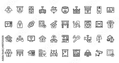 40 set of outline web smart home icons such as alarm, vaccum cleaner, microwave, smart curtain, home security, coffee maker, voice assistant vector thin icons for report, presentation, diagram, web
