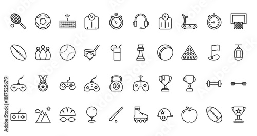 40 set of outline web sports and games icons such as football, head, rugby, chess, gamepad, gamepad, gamepad vector thin icons for report, presentation, diagram, web design, mobile app