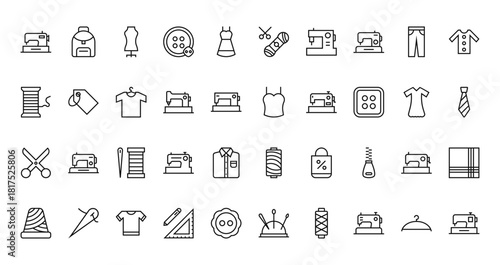40 set of outline web sewing and needlework icons such as baggage, thread, thread, dress, scissor, thread, vector thin icons for report, presentation, diagram, web design, mobile app