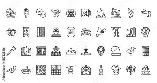 40 set of outline web barcelona icons such as subway, souvenir, allioli, cruise, gralla, sant jordi, pigeon vector thin icons for report, presentation, diagram, web design, mobile app