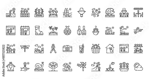 40 set of outline web spring icons such as fence, hat, video, gardening tools, house, lemonade, bird house vector thin icons for report, presentation, diagram, web design, mobile app