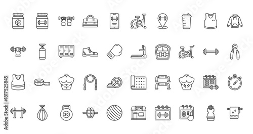 40 set of outline web gym icons such as protein supplement, stationary bike, weightlifting, treadmill, tank top, yoga mat, barbell vector thin icons for report, presentation, diagram, web design,