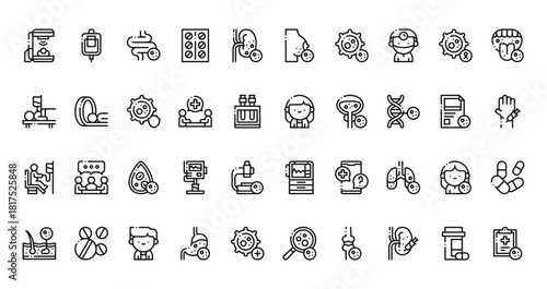 40 set of outline web chemotherapy icons such as infusion, breast cancer, chemotherapy, doctor, chemotherapy, monitor, skin vector thin icons for report, presentation, diagram, web design, mobile