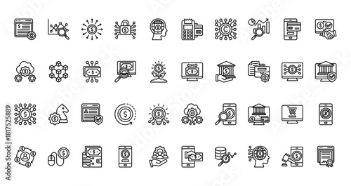 40 set of outline web fintech icons such as competitor analysis, payment method, configuration, transfer, crowdfunding, saas, circulation vector thin icons for report, presentation, diagram, web