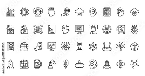 40 set of outline web digital technology icons such as digitalisation, cloud computing, smarthome, binary code, book, tower, security vector thin icons for report, presentation, diagram, web design,