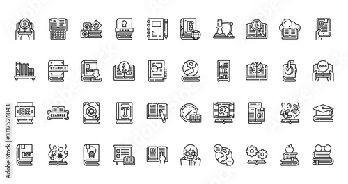 40 set of outline web books and reading icons such as keyboard, ebook, bookshelf, world, eg, clock, pdf vector thin icons for report, presentation, diagram, web design, mobile app