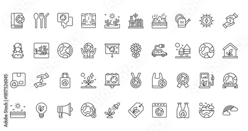 40 set of outline web mother earth day collection. icons such as utensils, green factory, mother earth, sunflower, recycling box, award, sea vector thin icons for report, presentation, diagram, web