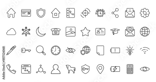40 set of outline web user interface icons such as bank card, focus, cloud, star, pen, antivirus, telephone vector thin icons for report, presentation, diagram, web design, mobile app