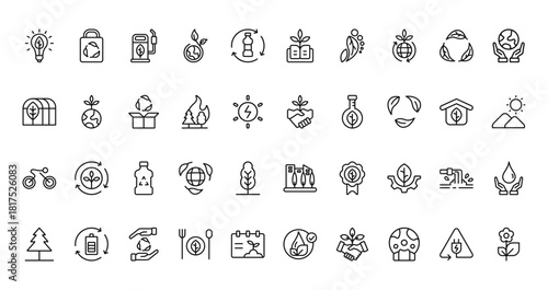 40 set of outline web ecology icons such as eco bag, funding, green house, handshake, bicycle, green city, pine vector thin icons for report, presentation, diagram, web design, mobile app