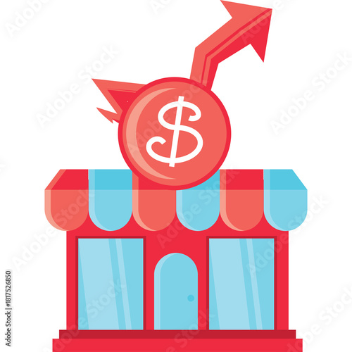 Small Business Storefront with Red Awning and Upward Trending Dollar Sign Arrow Indicating Financial Growth and Success Against a Transparent Background