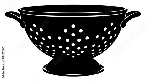 Black and white illustration of a kitchen colander, a common utensil for draining food.