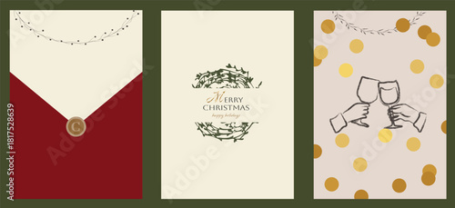 Minimalist Christmas and New Year greeting card set with wreath illustration, red envelope design, golden confetti pattern and hand-drawn wine glasses toast. Elegant festive postcards in warm muted co