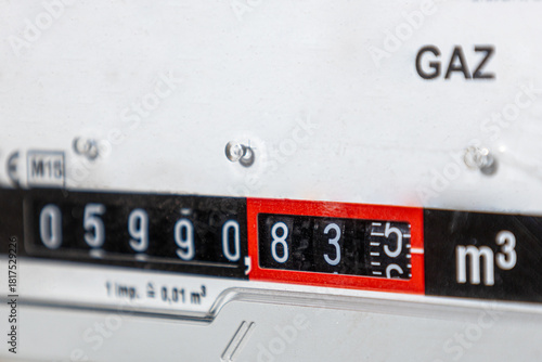 External natural gas meter in the house, gas heating.