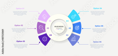 6 points circular infographic element template with icons and colorful flat style