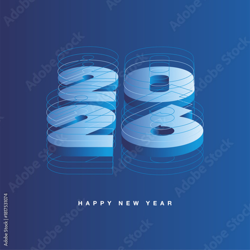 2026 technical drawing lines turn into 3D numbers in the form of a metal plate with laser precision. New Year 2026 concept design greeting card on blue background for hitech engineering