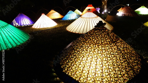 Schilderij op canvas Colorful Illuminated Japanese Traditional Umbrellas (Wagasa) at Night Event