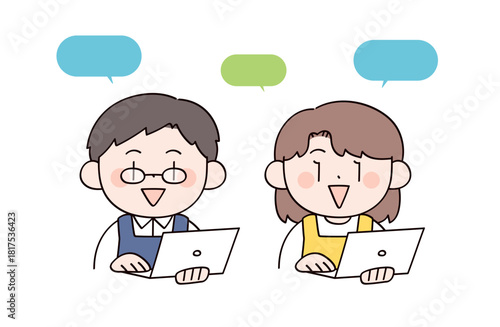 パソコンを操作する主婦や主夫をイメージした男女2人のイラスト