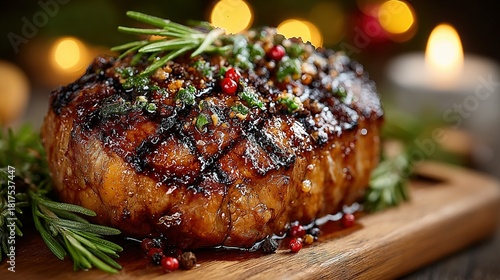 Roasted meat dish with herbs on wooden board with festive background.