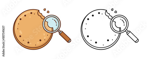 Web analytics concept illustration with a cartoon style browser cookie and magnifying glass for data privacy research and investigation