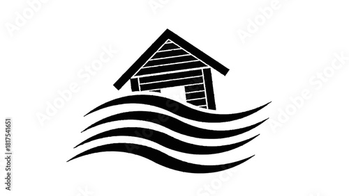 Vector illustration of black and white icon representing a house partially submerged in wavy water, isolated on transparent background 