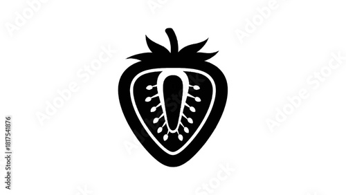 Vector illustration of black and white icon silhouette of a strawberry cut in half showing seed detail isolated on transparent background 