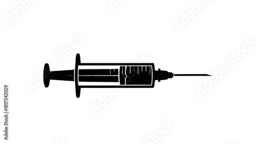 Vector illustration of black and white silhouette icon of a medical syringe with a needle, isolated on transparent background 