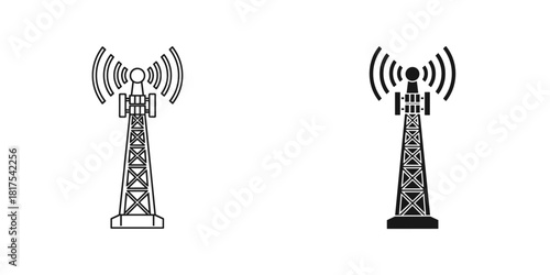 Communication tower icon with signal waves, outline and solid versions, isolated on