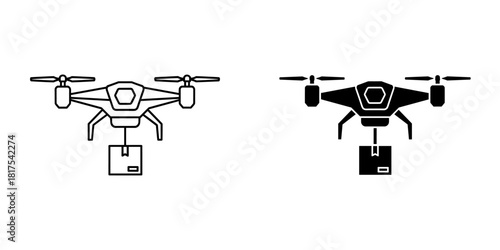 Drone delivery icon with a package, in outline and solid styles, isolated on