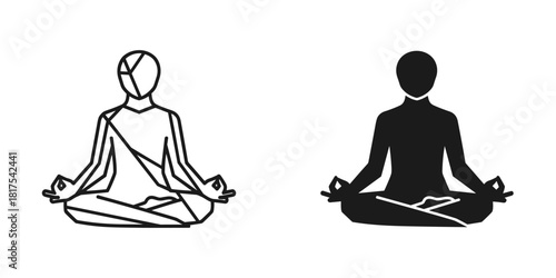 Stylized meditation figures in lotus pose, geometric outline and black silhouette, isolated on