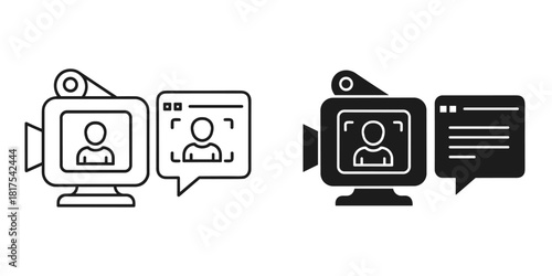 Video call and online meeting icon set with camera, user profile, and chat bubble for digital communication