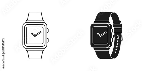 Outline and solid black smartwatch icons, representing modern and classic wristwatches with time display