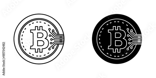 Bitcoin cryptocurrency digital coin icon with circuit board design representing blockchain technology