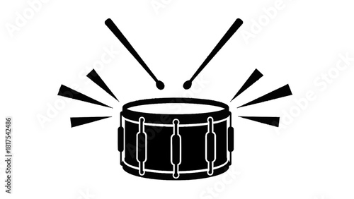 Vector illustration of simple black and white icon graphic of a snare drum being struck by two drumsticks, isolated on transparent background 