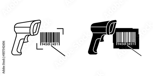 Barcode scanner icons, outline and solid, scanning a barcode with numbers, isolated on