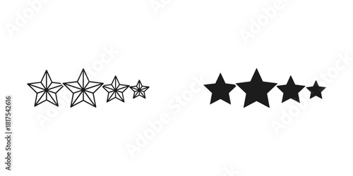 Four stars rating icon set in outline and solid black styles, isolated on