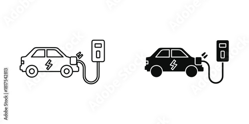 Electric car charging station icon set, outline and glyph style, isolated on