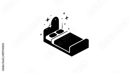 Vector illustration of isometric black and white icon of a clean, sparkling bed isolated on transparent background 