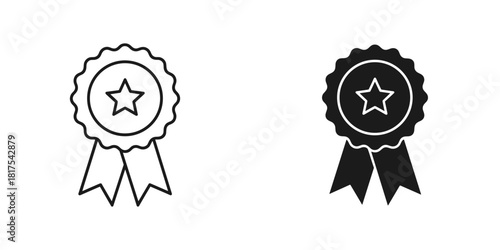 Award ribbon with star icon in outline and solid style, symbolizing quality and achievement, isolated on