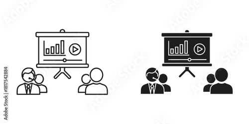 Presentation icons speaker, audience, data screen, outline, solid, isolated on