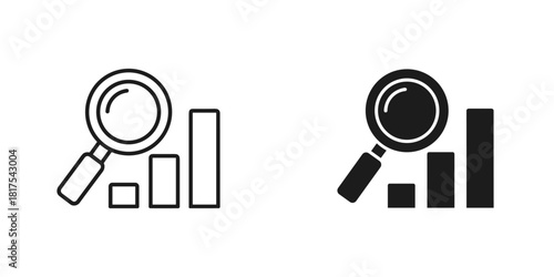 Data analysis and business statistics icon set featuring a magnifying glass over a bar chart, isolated on